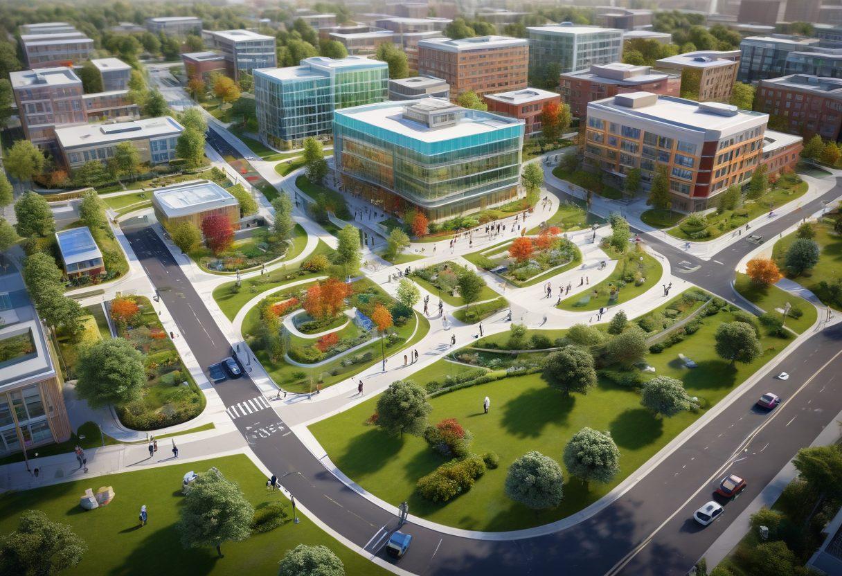 A detailed roadmap featuring various health service icons like a hospital, pharmacy, community center, and support groups, connected by winding paths and signposts. Include diverse people engaging with these services, illustrating community participation. The background should showcase a vibrant cityscape blending green spaces and modern buildings. super-realistic. vibrant colors. 3D.