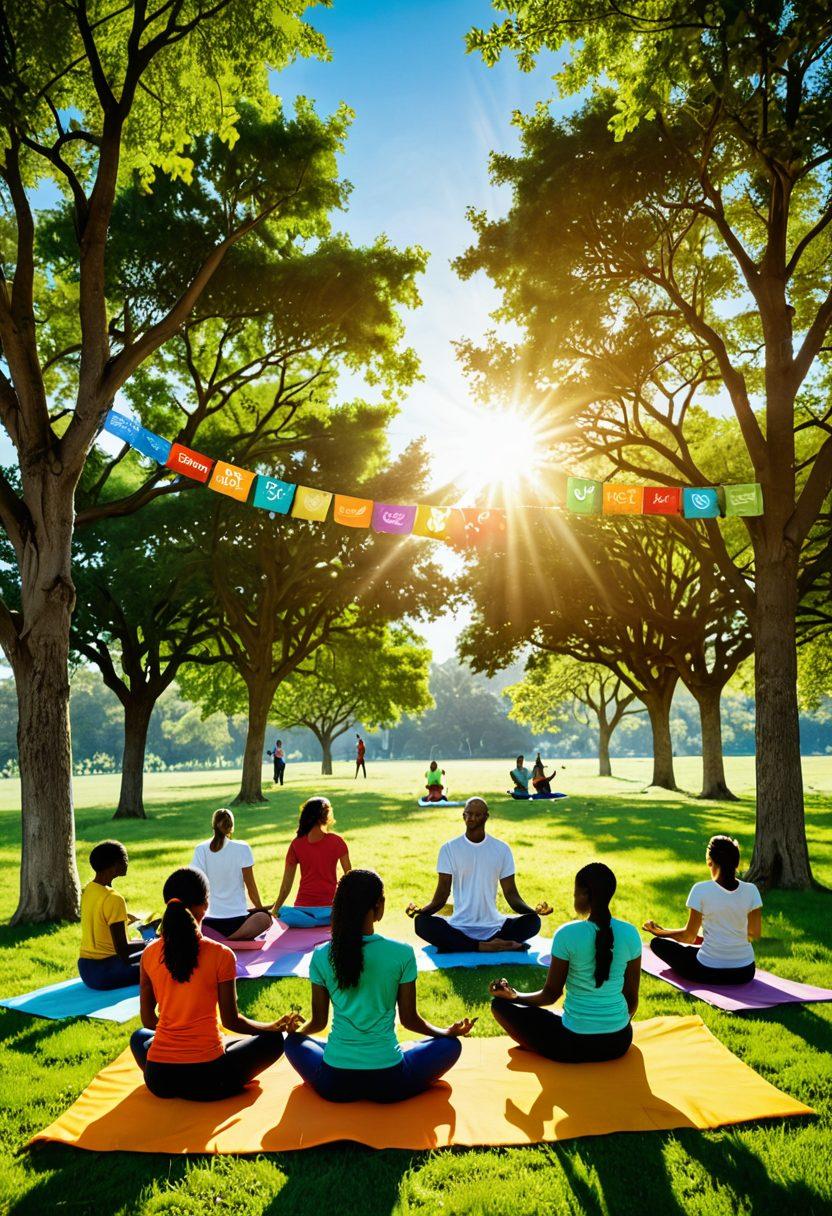 A diverse group of people gathered in a lush green park, actively participating in discussions about health and wellness, holding banners for advocacy. They are surrounded by symbols of healthy living, like fruits and yoga mats, while a bright sun shines in the background, symbolizing hope for a healthier future. The atmosphere portrays unity and positive energy. vibrant colors. super-realistic. nature background.
