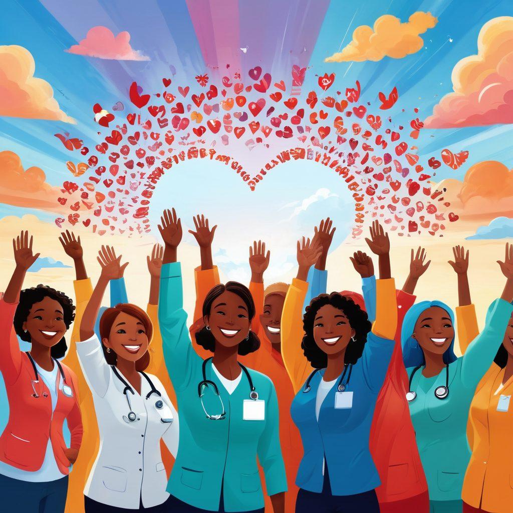 A diverse group of smiling individuals representing various communities, standing together with hands raised in unity against a backdrop of health symbols like a stethoscope and heart. Include elements that showcase health services like a small clinic and supportive programs like educational workshops, with vibrant nature surrounding them. The sky should be bright and optimistic, symbolizing hope and empowerment. colorful illustration. vibrant colors. community art style.
